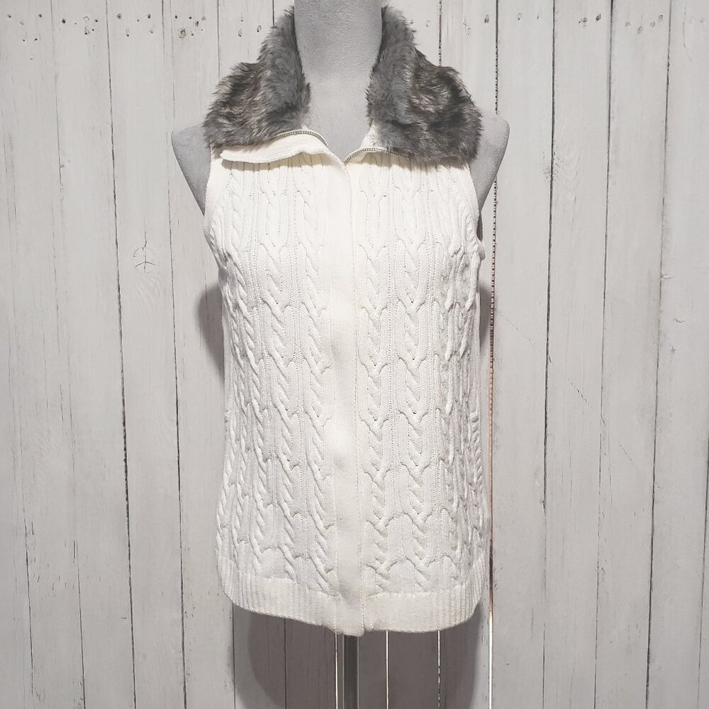 Claiborne S Cable Sweater Vest Cream Faux Fur Cozy Western Cabin Boho Chic Retro - Picture 2 of 7